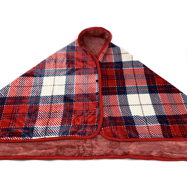 Plaid Style Polyester Wearable Tippet Blanket Shawl Tv Blanket With Button