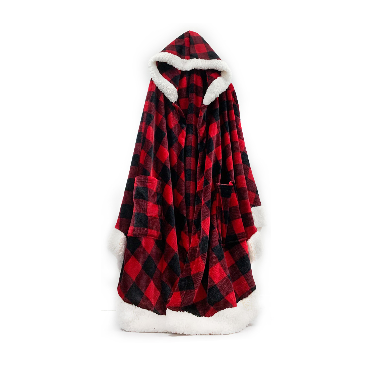 Plush Soft Wearable Throw Cape Wrap Hooded with Pockets