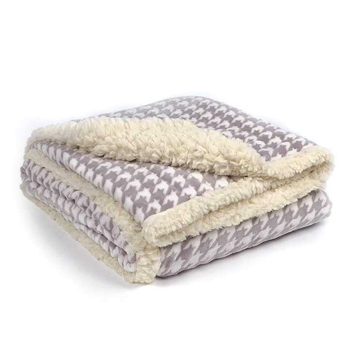 Double Layer Modern Purple And White Grid Flannel Luxury Sherpa Fleece Throw Blanket