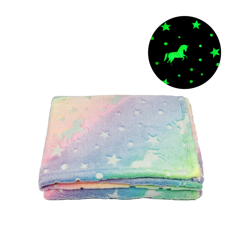 Customized Pattern Short Plush Glow In The Dark Unicorns/stars Flannel Blanket For Kids