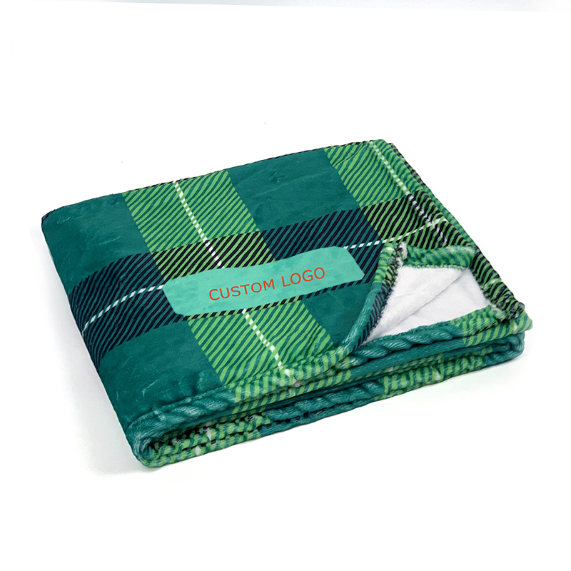 Custom Logo Green Plaid Sublimation Printed Flannel Blanket